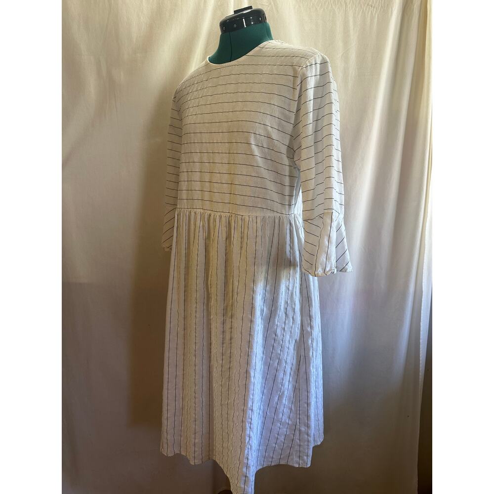 White Striped Cotton Midi Dress – Size Large | Bell Sleeve Cottagecore Dress - Picture 6 of 9
